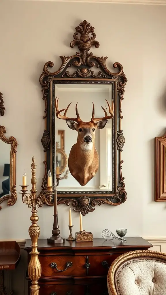 27+ Stunning Deer Mount Wall Arrangements for Every Home 14 A deer mount framed by an ornate vintage mirror, surrounded by candle holders and antique furniture.