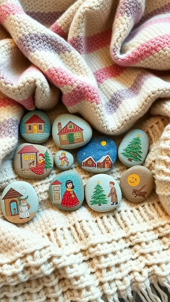 A collection of painted stones with holiday-themed images on a cozy blanket.