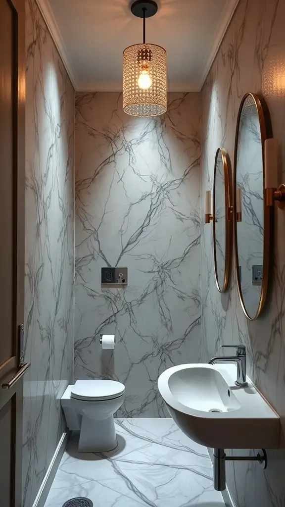 29+ Stunning Guest Bathroom Ideas to Elevate Your Space 11 A modern guest bathroom featuring elegant lighting, marble walls, and stylish mirrors.