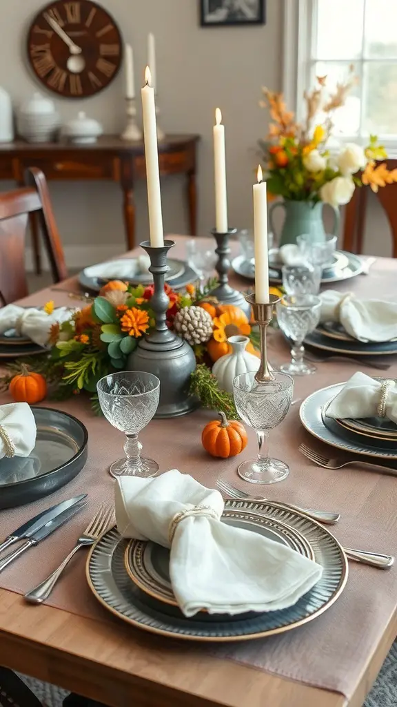 A colonial-inspired table setting with candles, flowers, and seasonal decorations.