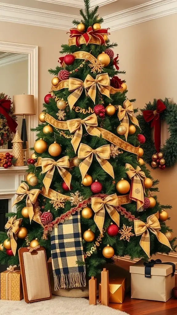 A beautifully decorated Christmas tree featuring buffalo plaid and gold ornaments.