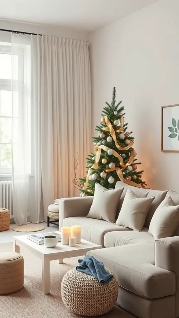 A minimalist living room decorated for Christmas with a tree, candles, and cozy furniture.