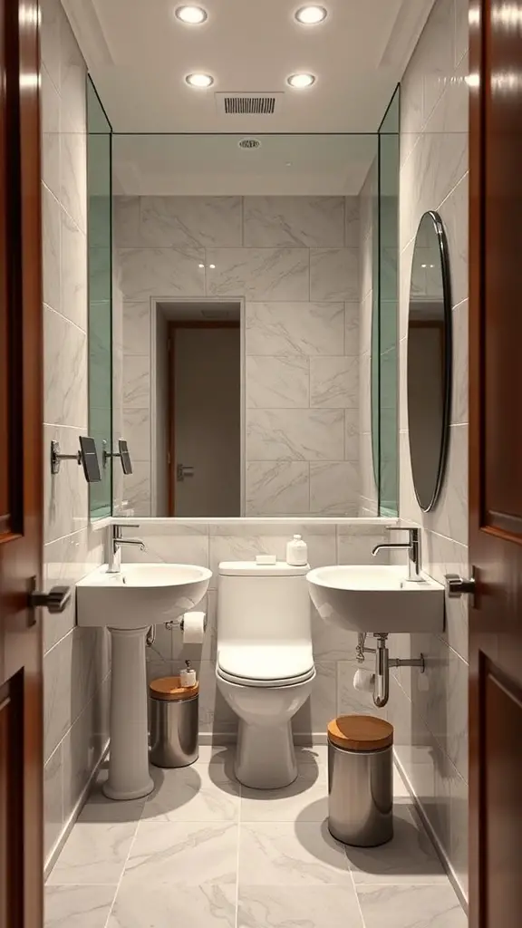29+ Stunning Tiny Bathroom Layouts for Small Spaces 3 A small bathroom with mirrored walls, two sinks, and a compact toilet.