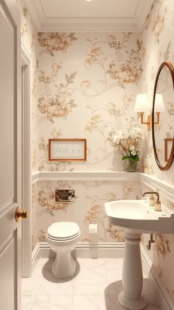 29+ Stunning Powder Room Ideas to Elevate Your Space 4 Elegant powder room with floral wallpaper, a round mirror, and a stylish sink.