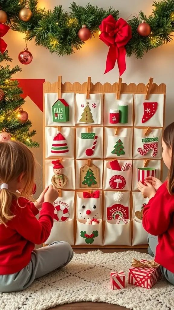 Two children interacting with a colorful advent calendar filled with festive decorations and treats.