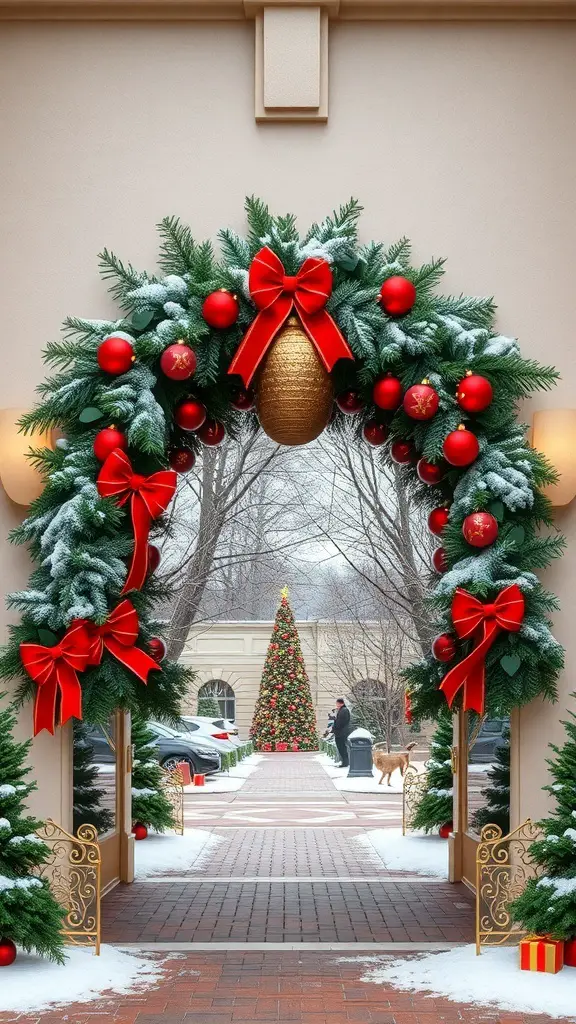 Christmas archway decorated with red and gold accents, leading to a snowy pathway and a Christmas tree.