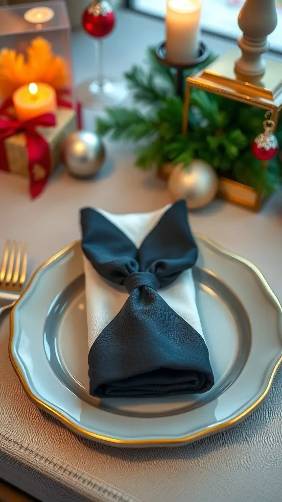 A beautifully folded tuxedo napkin on a plate, surrounded by festive decorations.