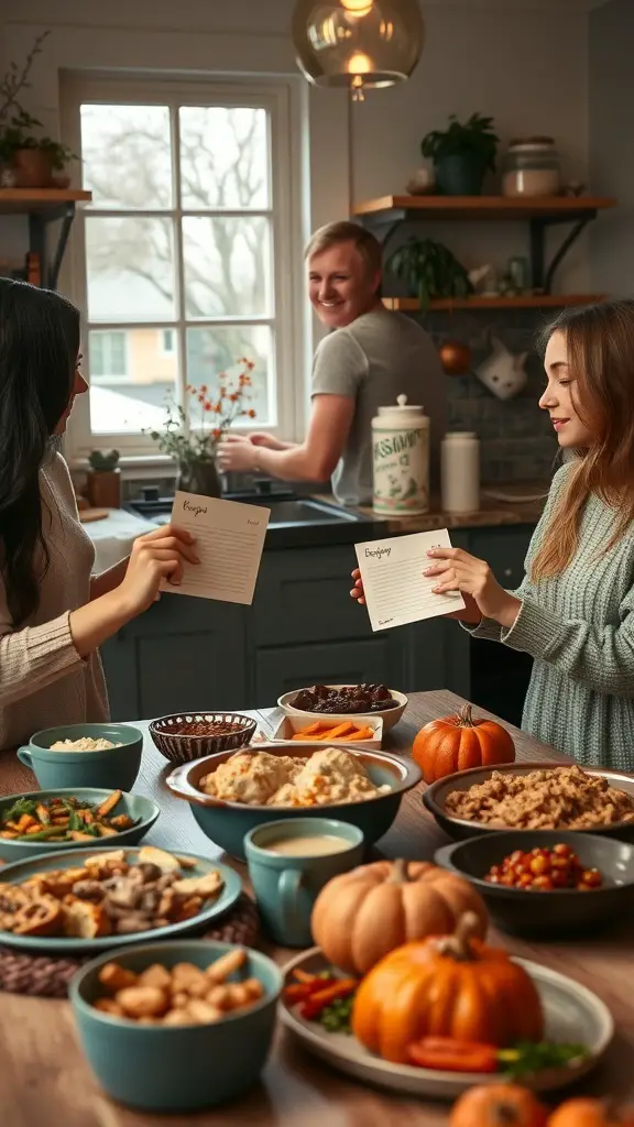 29+ Creative Thanksgiving Party Ideas to Celebrate in Style 7 Friends exchanging recipes in a cozy kitchen with Thanksgiving dishes on the table.