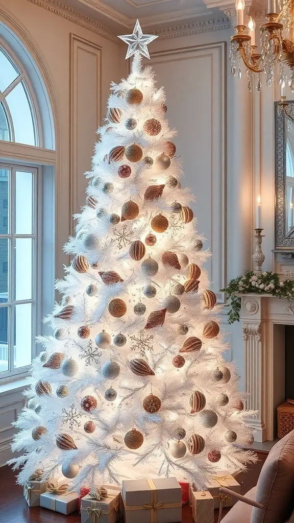 A glamorous white Christmas tree decorated with silver and white ornaments, featuring a star topper and surrounded by wrapped gifts.