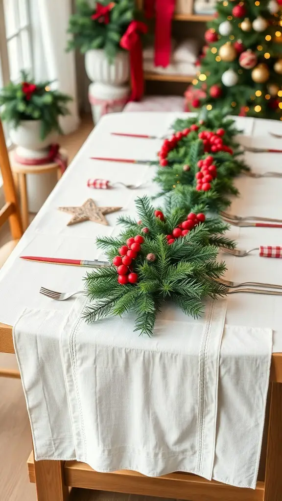 29+ Stunning Christmas Table Runner Ideas for a Festive Holiday Table 17 A classic white linen table runner with greenery and red berries on a festive Christmas table.