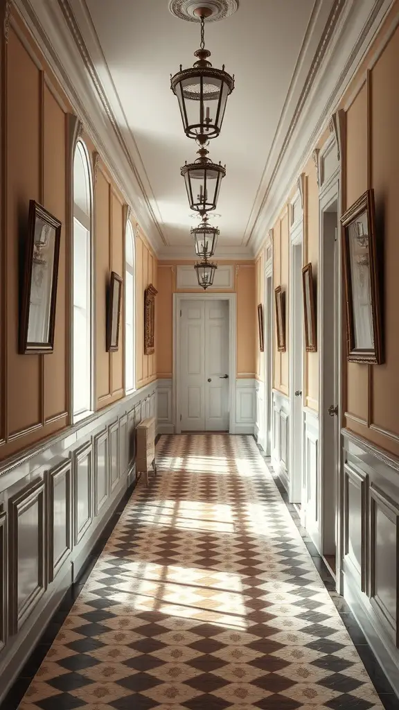 25+ Stylish Wall Trim Ideas to Enhance Your Home Decor 3 A hallway featuring elegant wainscoting, stylish lighting, and a patterned floor.