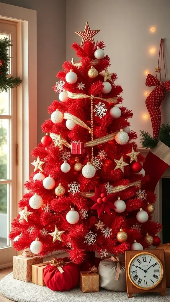 A vintage red Christmas tree decorated with white and gold ornaments, surrounded by gifts.