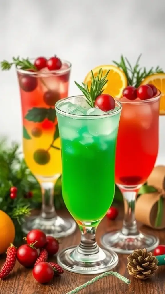 Three colorful holiday cocktails in elegant glasses, garnished with fruits and herbs.