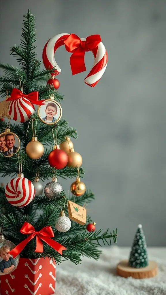 A festive candy cane themed Christmas tree decorated with personalized ornaments and a large candy cane topper.