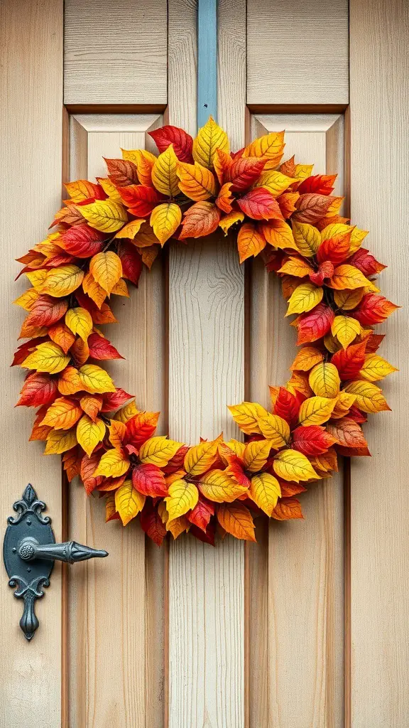 25+ Creative Thanksgiving Crafts for Adults 9 A vibrant autumn leaf wreath in shades of red, orange, and yellow hanging on a wooden door.