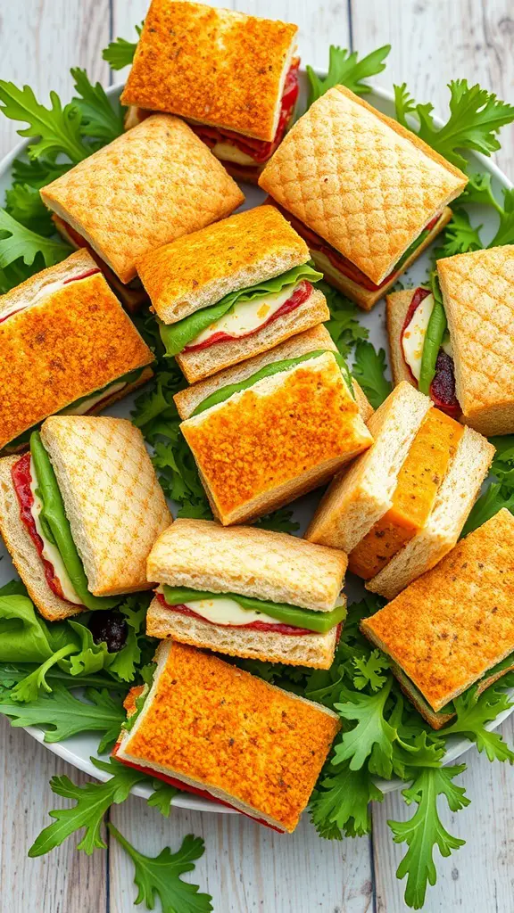 A colorful assortment of mini sandwiches with various fillings on a platter surrounded by greens.