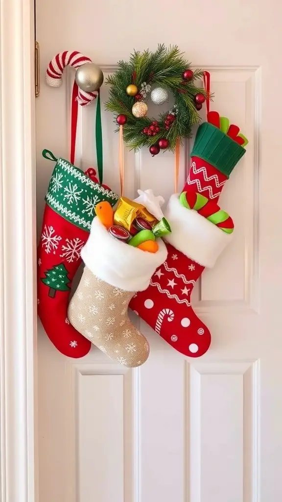 29+ Creative Christmas Doorway Decorations to Brighten Your Holiday Season 5 A festive display of colorful Christmas stockings hanging on a door, accompanied by a wreath.