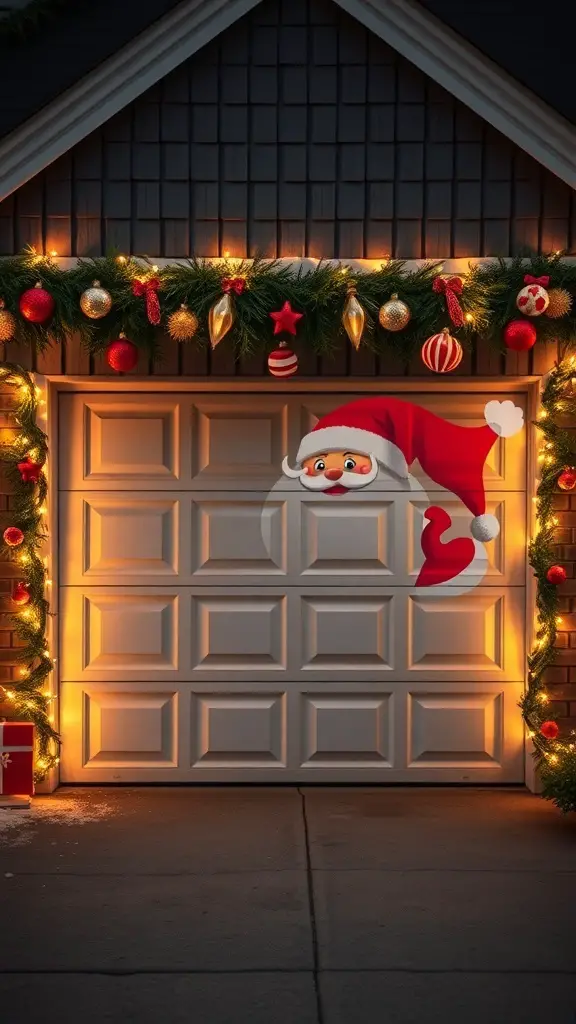 29+ Creative Garage Door Christmas Decorations You'll Love 6 A garage door decorated for Christmas with a Santa Claus design and festive ornaments.