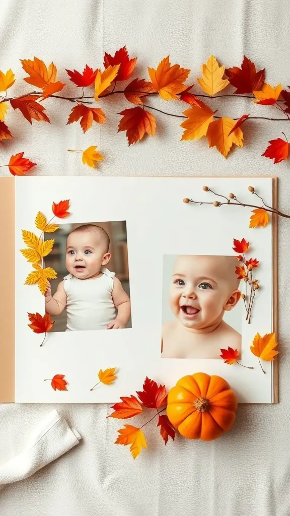 A Thanksgiving-themed scrapbook page featuring baby photos, autumn leaves, and a small pumpkin.