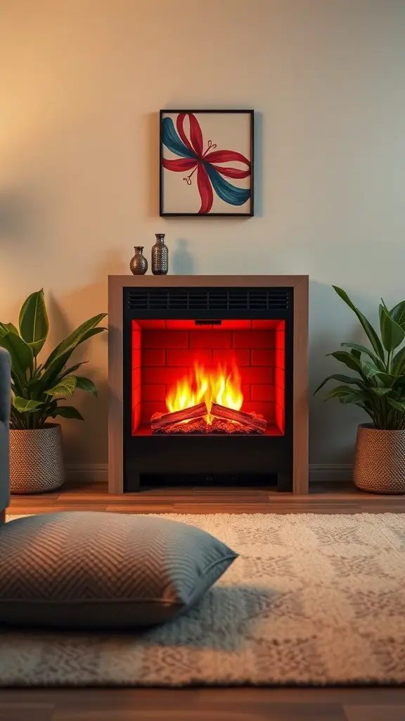 29+ Stylish Electric Fireplace Ideas to Transform Your Home 10 A compact electric fireplace in a cozy living room setting with plants and artwork.