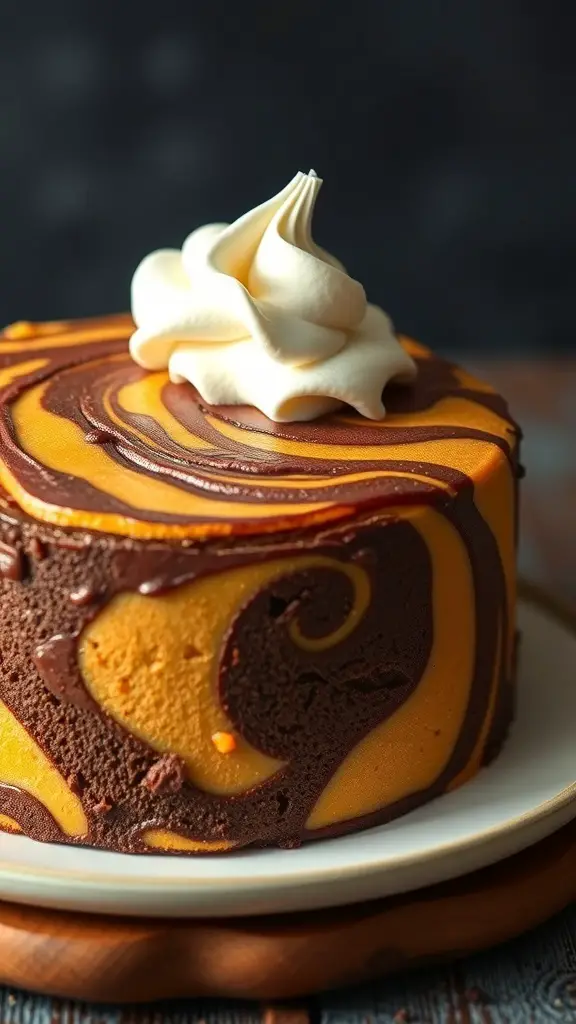 Chocolate Pumpkin Swirl Cake with whipped cream on top