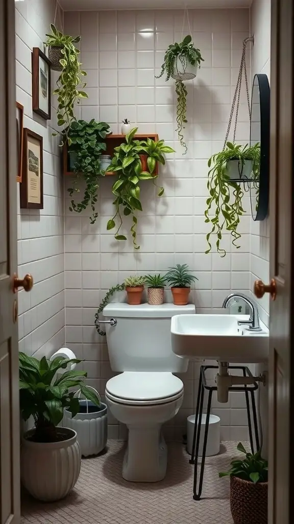 29+ Stunning Tiny Bathroom Layouts for Small Spaces 15 A tiny bathroom filled with various plants, showcasing a fresh and lively atmosphere.