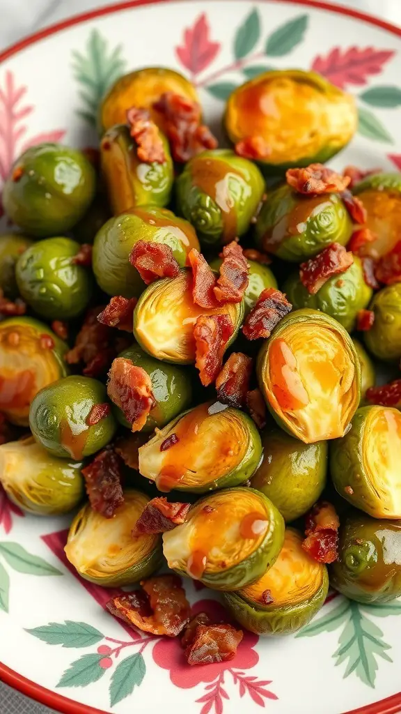 A plate of maple glazed Brussels sprouts topped with crispy bacon.