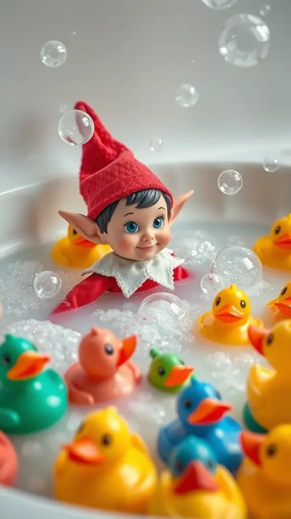 25+ Creative Elf on the Shelf Bathroom Ideas You Need to Try 8 An elf in a bubble bath surrounded by colorful rubber ducks
