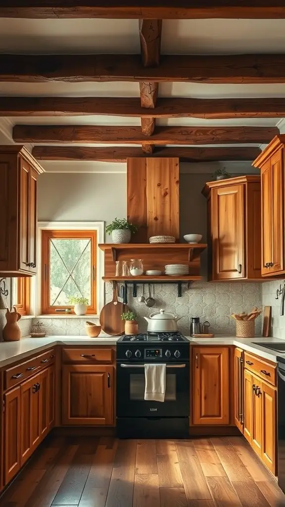 31+ Rustic Kitchen Design Ideas to Transform Your Space 5 A rustic kitchen with warm wood accents, featuring wooden cabinets, beams, and open shelving.