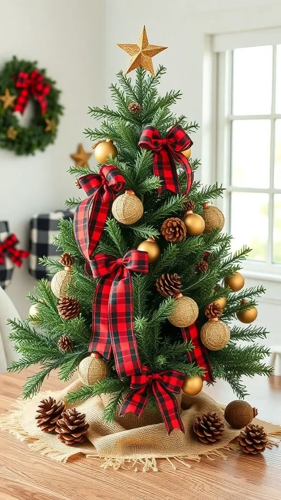 27+ Adorable Tabletop Christmas Tree Ideas for Your Holiday Decor 9 A rustic farmhouse-style tabletop Christmas tree decorated with plaid ribbons, golden ornaments, and pinecones.