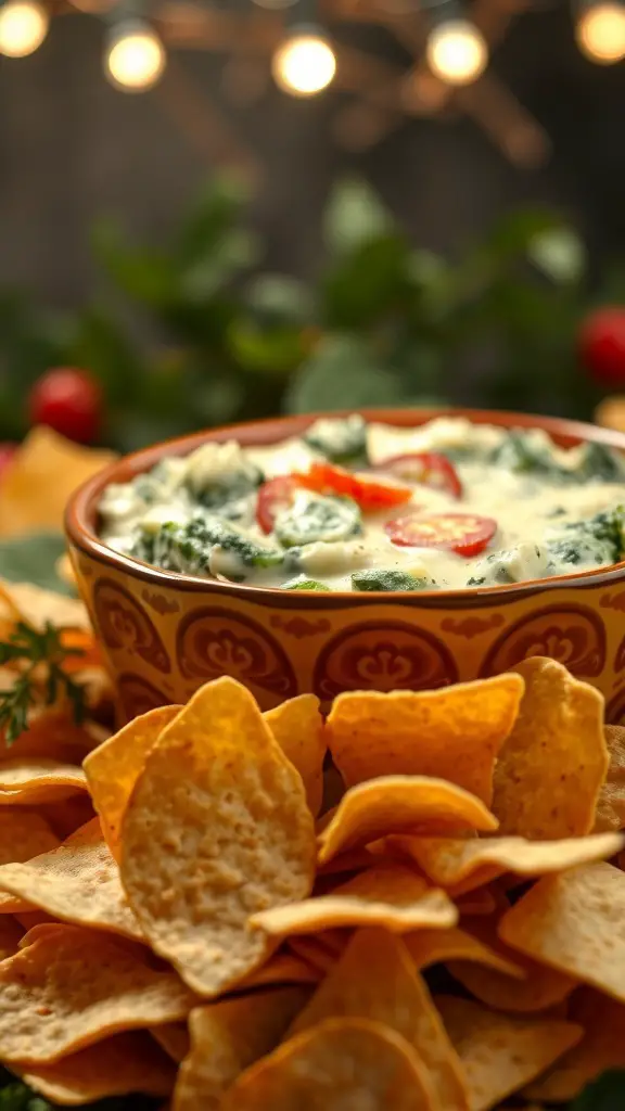 A bowl of spinach artichoke dip surrounded by tortilla chips, decorated with fresh ingredients.