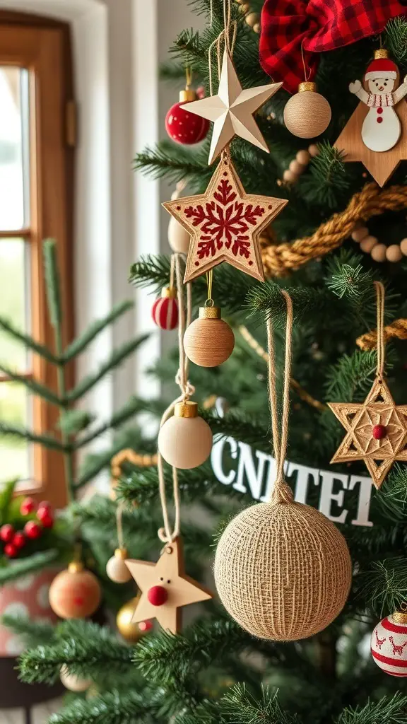A beautifully decorated Christmas tree with handmade ornaments, including wooden stars, baubles, and a snowman.