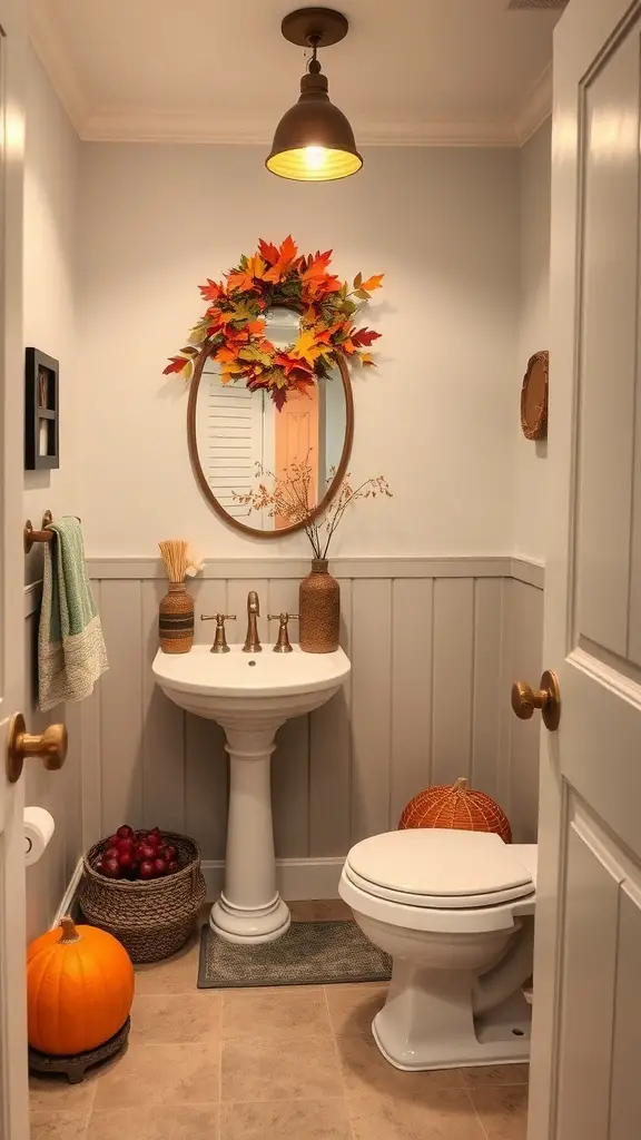 29+ Stunning Guest Bathroom Ideas to Elevate Your Space 10 A cozy guest bathroom decorated for autumn with a wreath of colorful leaves, a pumpkin, and a basket of apples.