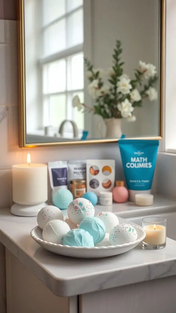 A beautifully arranged self-care kit featuring bath bombs, candles, and skincare products on a bathroom counter.