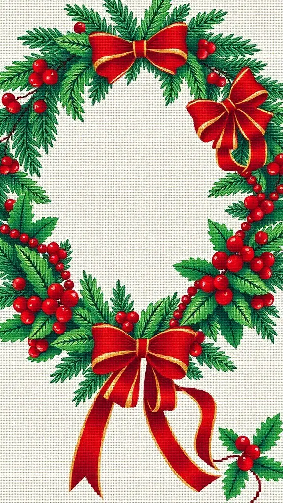27+ Festive Christmas Cross Stitch Patterns to Brighten Your Holiday Season 3 A vibrant holiday wreath with green leaves, red berries, and red bows.