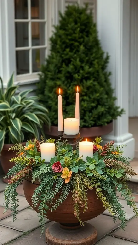 Outdoor holiday planter featuring candles and greenery