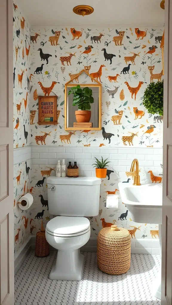 29+ Stunning Half Bath Wallpaper Ideas to Transform Your Space 4 A half bath with whimsical animal print wallpaper featuring various animals in vibrant colors.