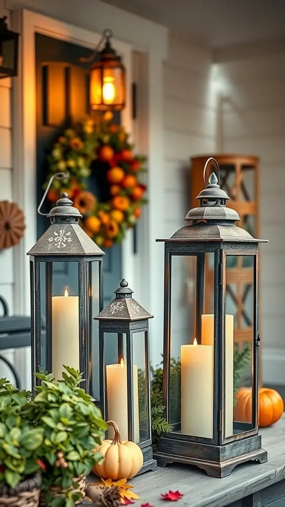 A cozy outdoor setup featuring charming lanterns with candles, pumpkins, and greenery.