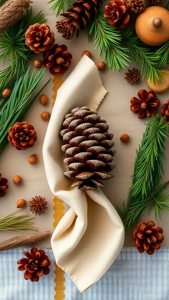 A beautifully folded napkin resembling a pine cone, surrounded by pine branches and decorative elements.