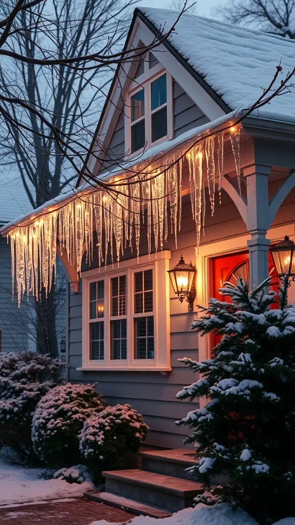 Icicle lights hanging from the eaves of a house, surrounded by snow and a cozy atmosphere.