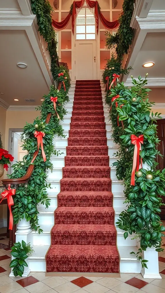 A beautifully decorated staircase with lush green garlands and red ribbons for Christmas.