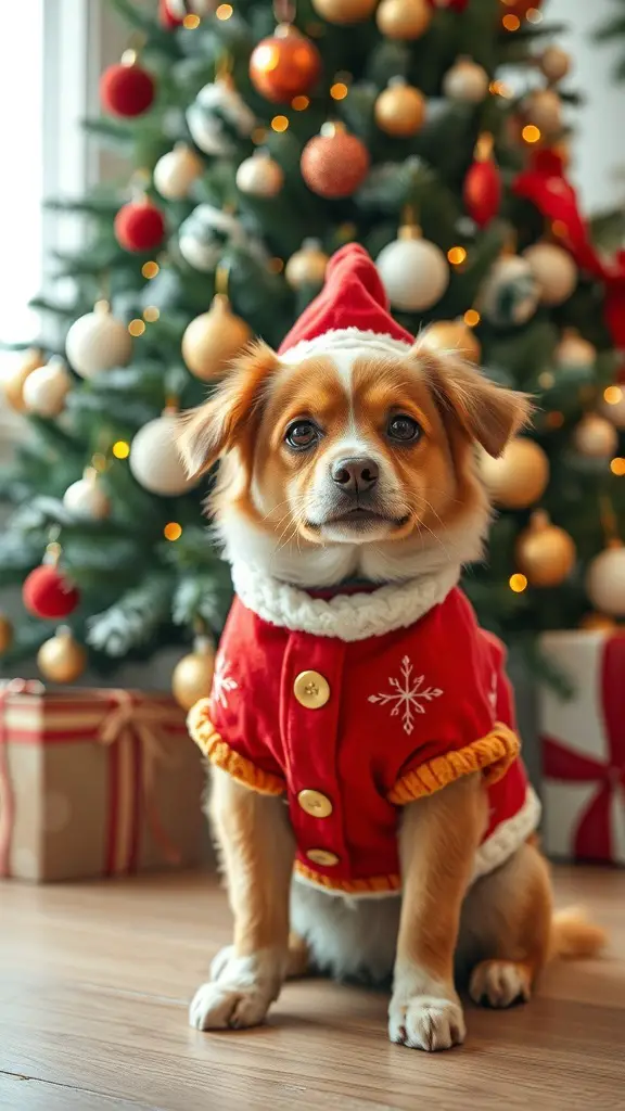 29+ Creative Sewing Projects for Handmade Christmas Gifts 16 A dog in a red Christmas costume sitting in front of a decorated Christmas tree.