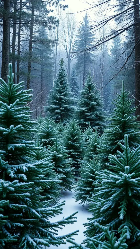 A snowy forest filled with Christmas trees, showcasing various species in a serene winter setting.