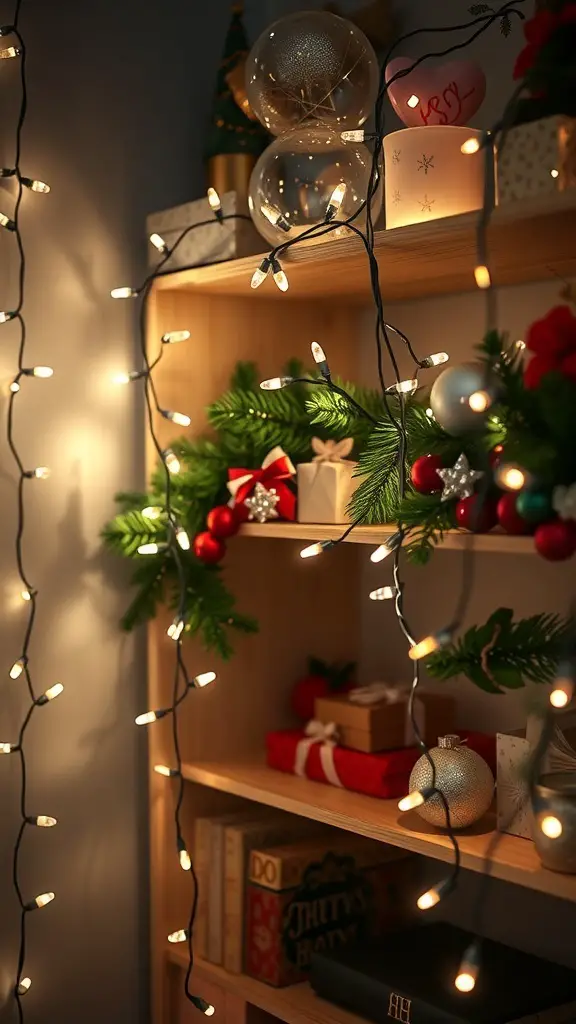 A shelf decorated with fairy lights, greenery, and Christmas ornaments.