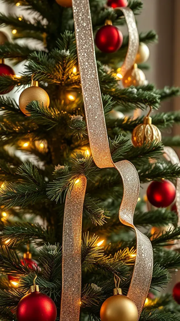 29+ Creative Christmas Tree Ribbon Decorating Ideas You’ll Love 4 A Christmas tree decorated with sparkling glitter ribbons and colorful ornaments.
