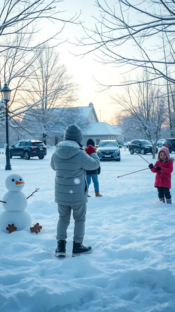 27+ Fun Christmas Activities for Kids to Enjoy This Holiday Season 9 Children playing in the snow with a snowman in the foreground.