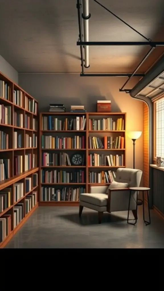 23+ Creative Garage Conversion Ideas for Your Home 16 Cozy library nook with bookshelves, a chair, and warm lighting