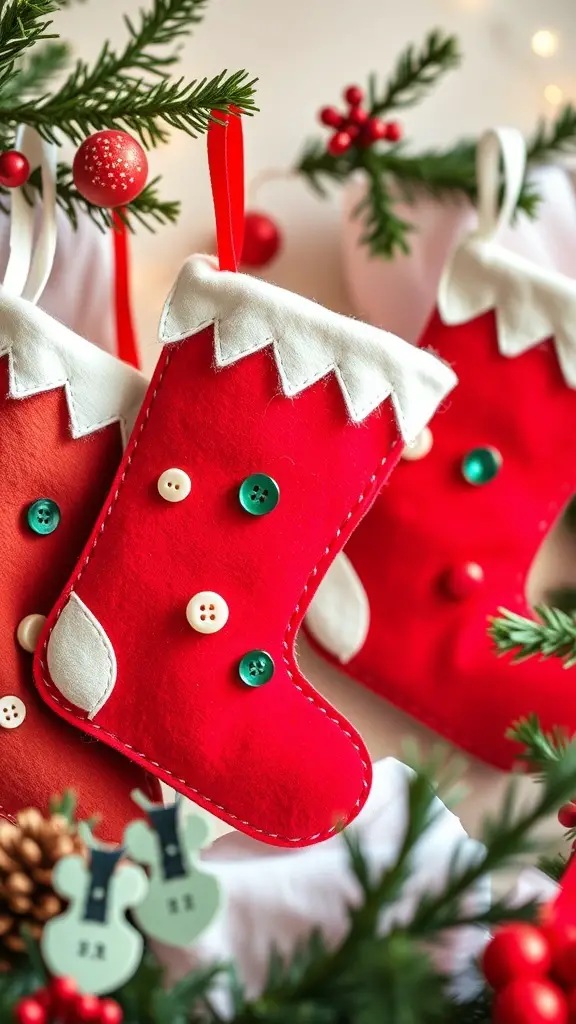 Colorful felt Christmas stockings hanging with decorations