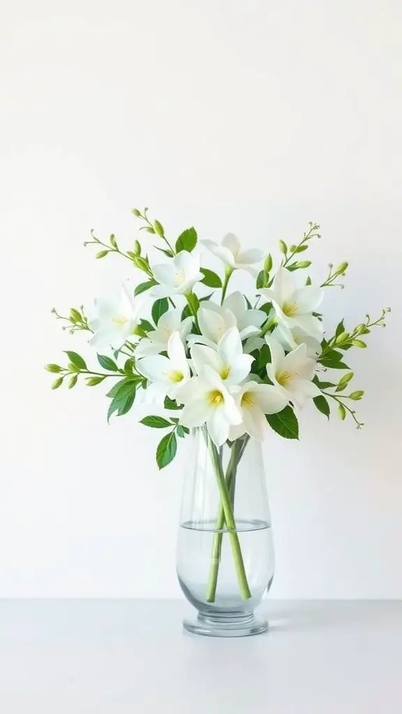 A minimalist floral arrangement featuring white lilies in a clear glass vase.