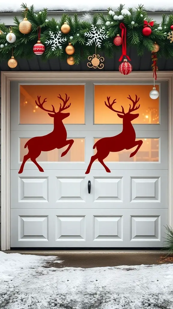 29+ Creative Garage Door Christmas Decorations You'll Love 9 Garage door decorated with red reindeer silhouettes and festive garland